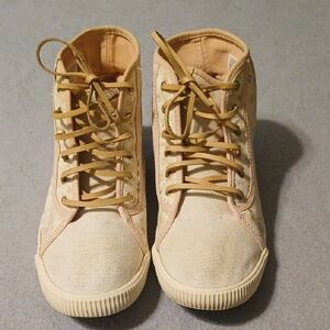 Toms light beige canvas high-tops with tan trim